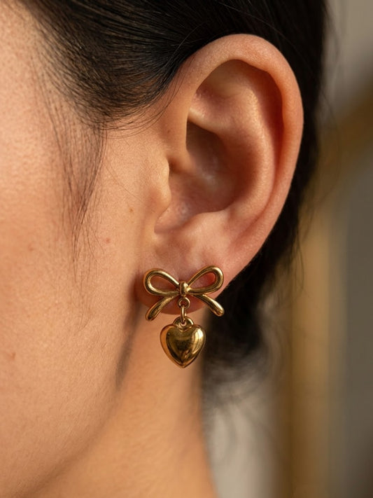 Gold Bow & Heart Drop Earrings