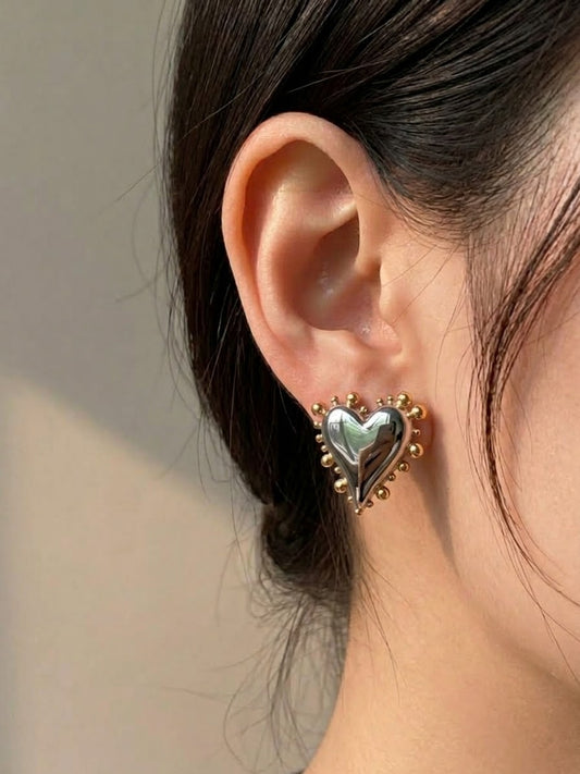 Two-Tone Heart Statement Stud Earrings