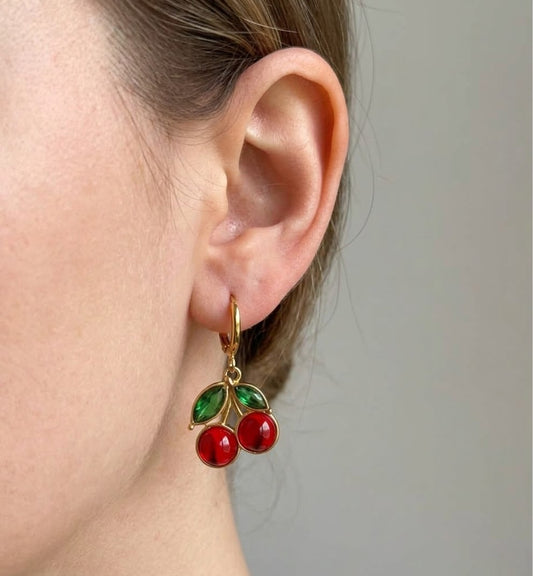 Gold Cherry Hoop Drop Earrings