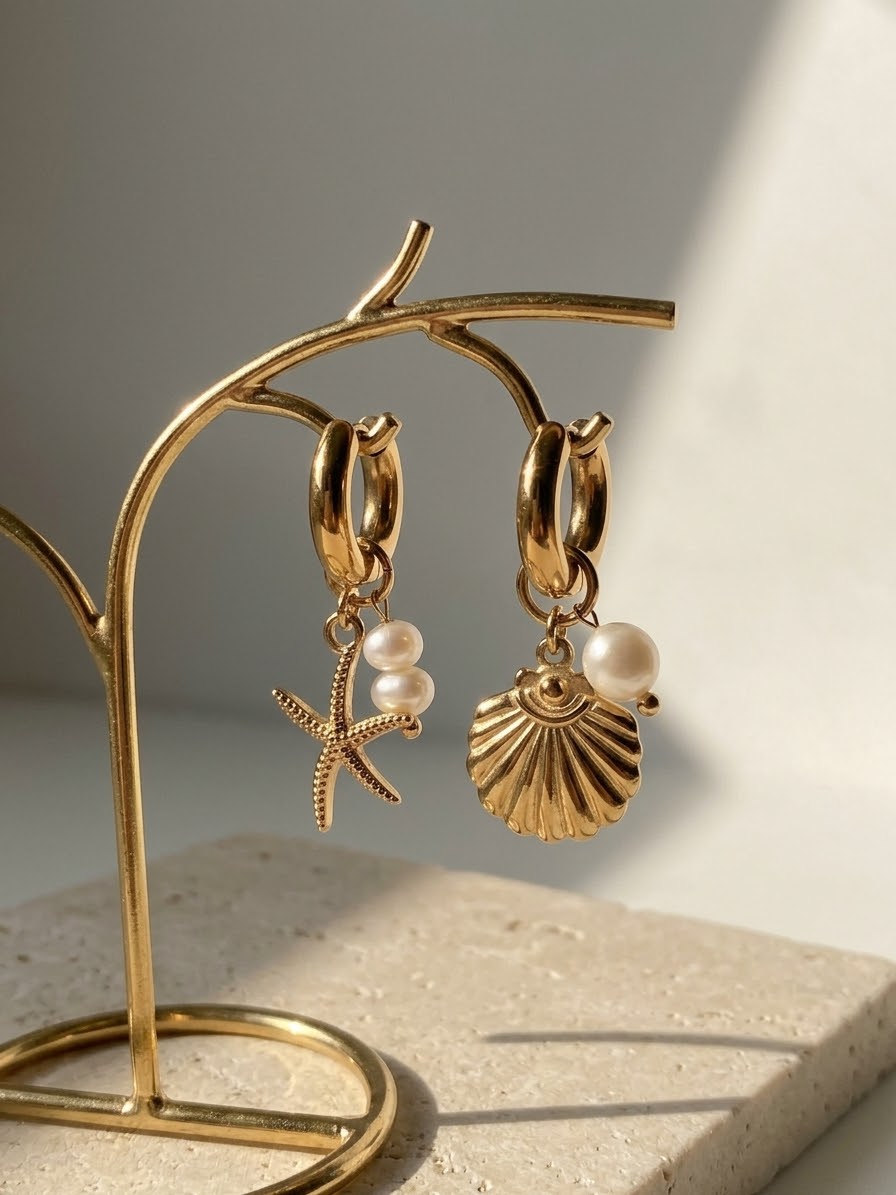 Gold Seashell & Starfish Pearl Hoop Earrings