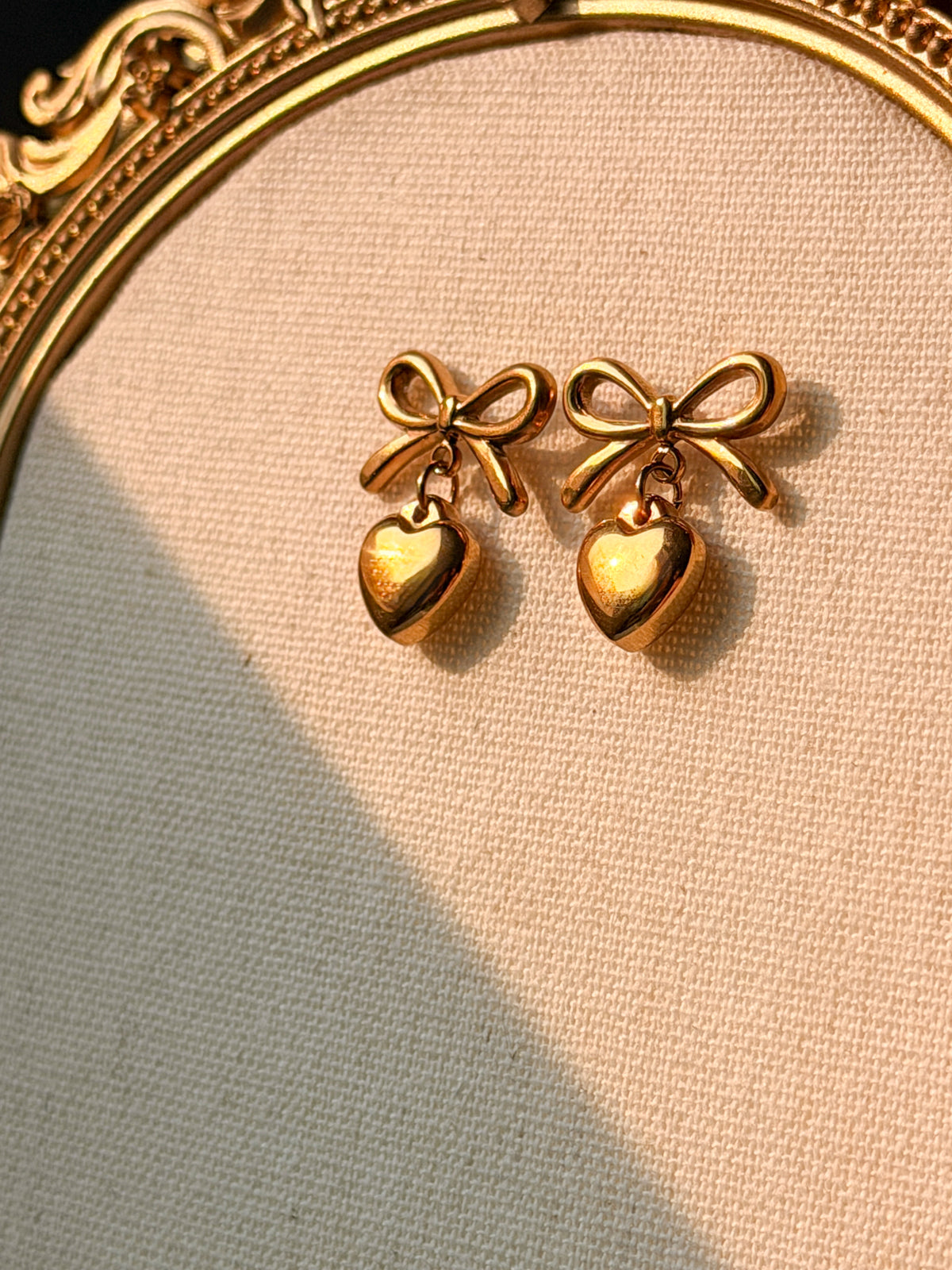 Gold Bow & Heart Drop Earrings