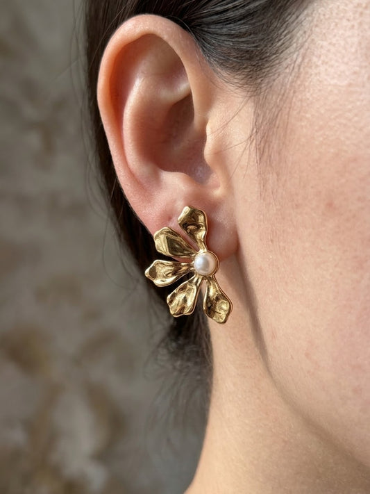 Sculpted Floral Pearl Stud Earrings