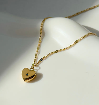 Gold Heart Pendant Necklace with Blue Crystal