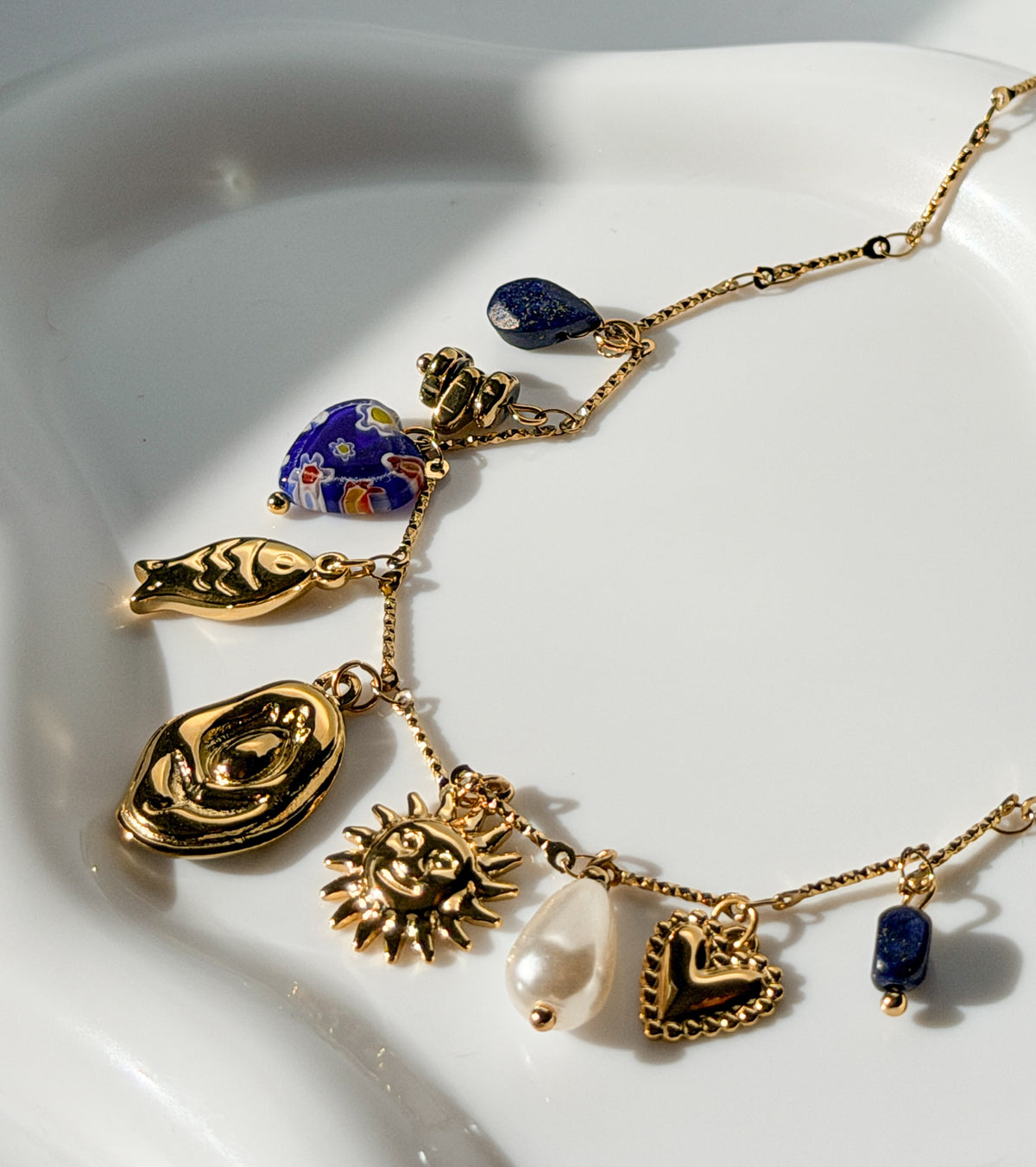 Gold Coastal Charm Necklace with Pearl & Blue Stone Accents