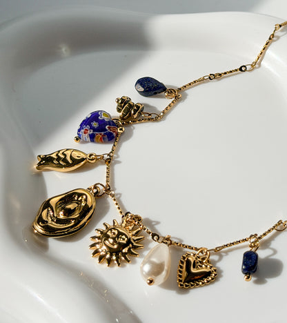 Gold Coastal Charm Necklace with Pearl & Blue Stone Accents