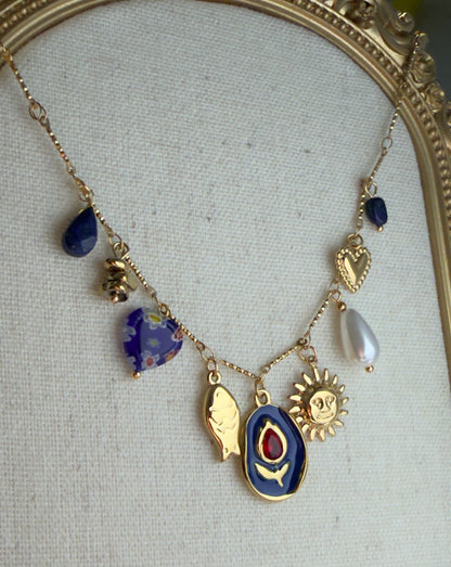 Gold Coastal Charm Necklace with Pearl & Blue Stone Accents