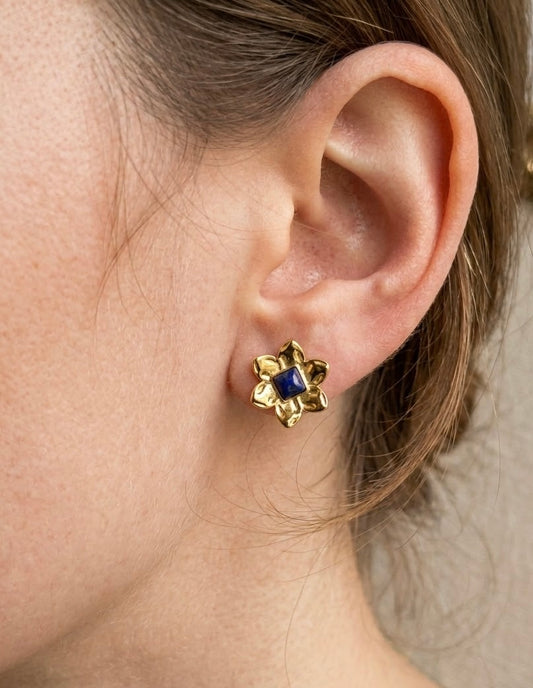 Gold Floral Blue Stone Stud Earrings