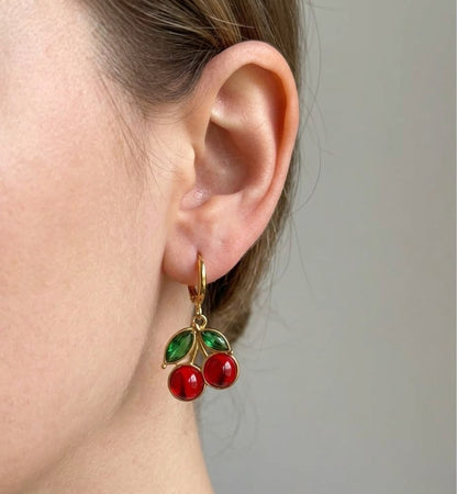 Gold Cherry Hoop Drop Earrings