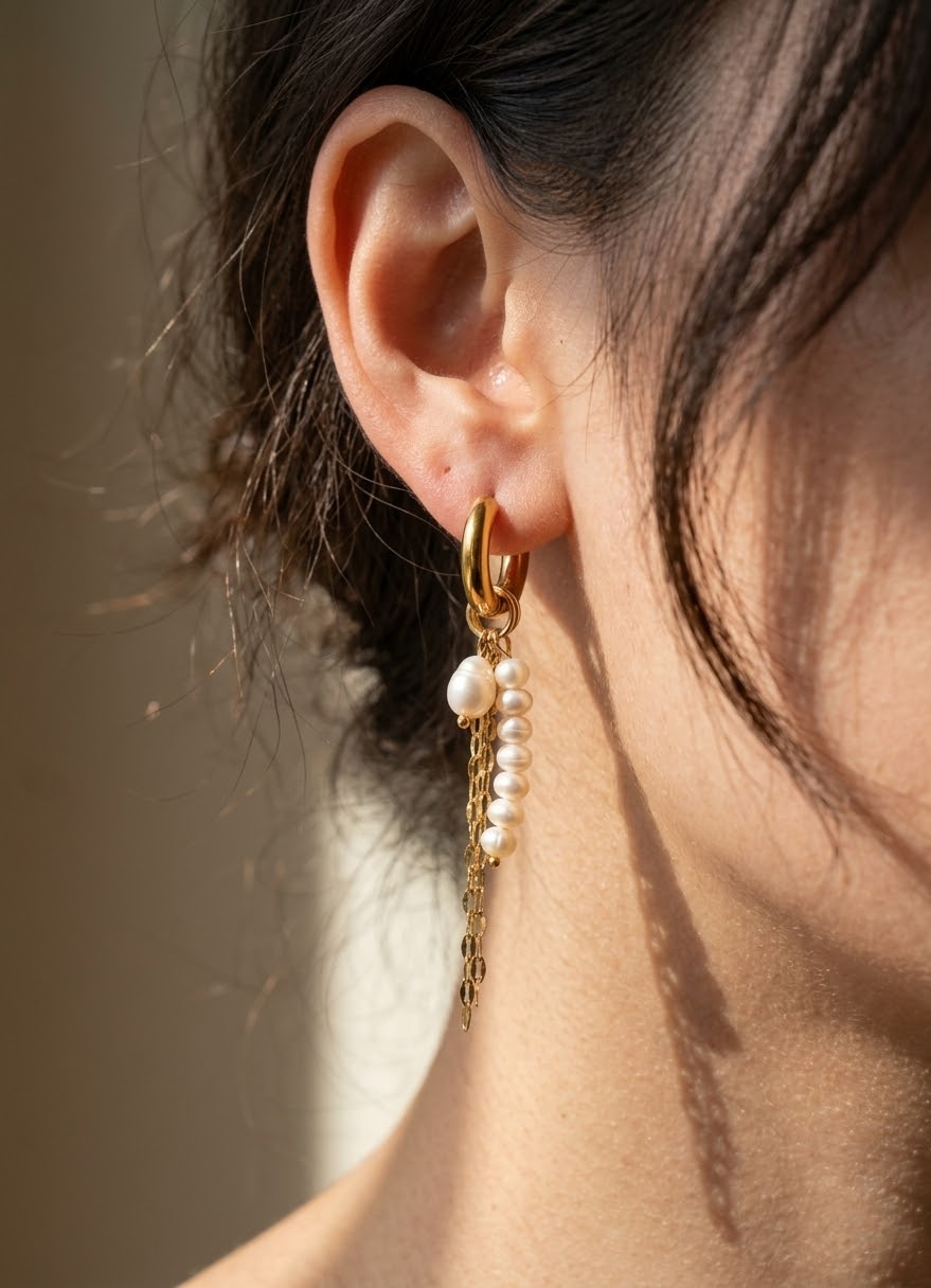 Gold Pearl Tassel Hoop Earrings
