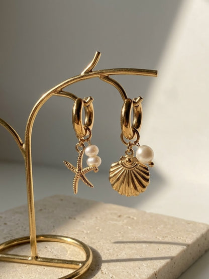 Gold Seashell & Starfish Pearl Hoop Earrings