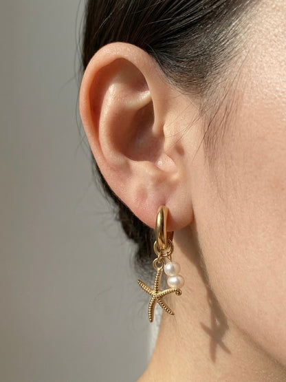 Gold Seashell & Starfish Pearl Hoop Earrings