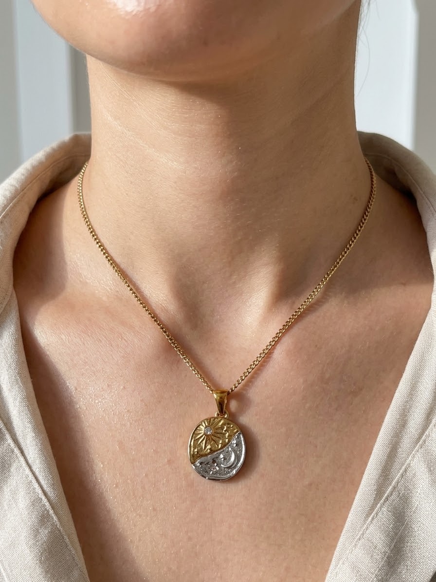Two-Tone Celestial Sun & Moon Pendant Necklace