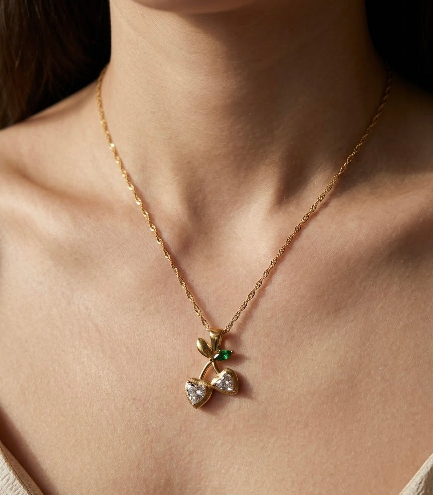 Gold Crystal Cherry Pendant Necklace