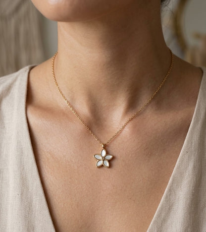 Gold Mother of Pearl Flower Pendant Necklace