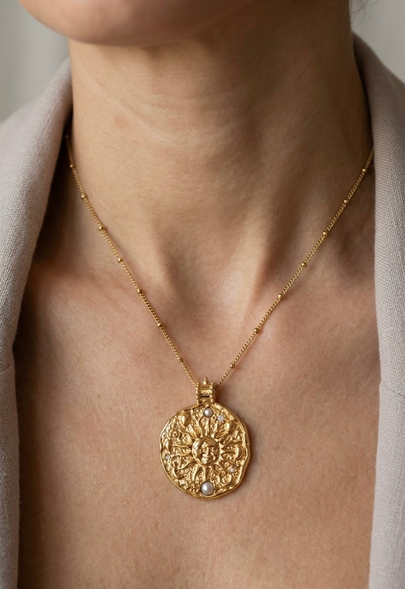 Gold Sun Medallion Pendant Necklace