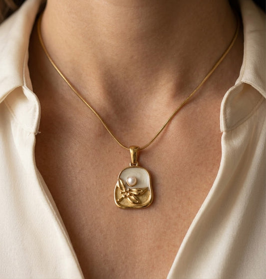 Gold Pearl Floral Pendant Necklace