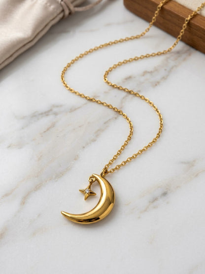 Gold Crescent Moon & Star Pendant Necklace