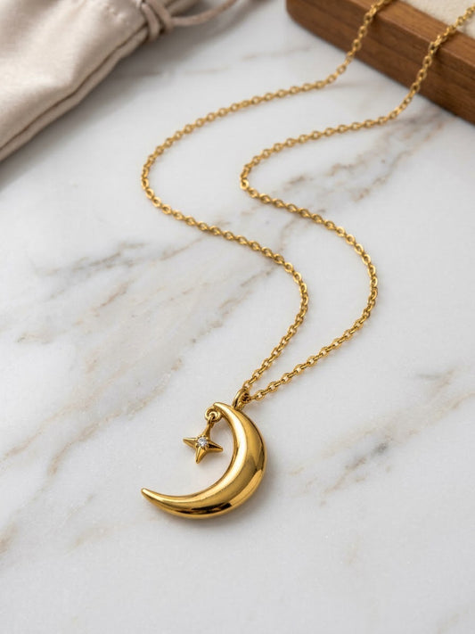 Gold Crescent Moon & Star Pendant Necklace