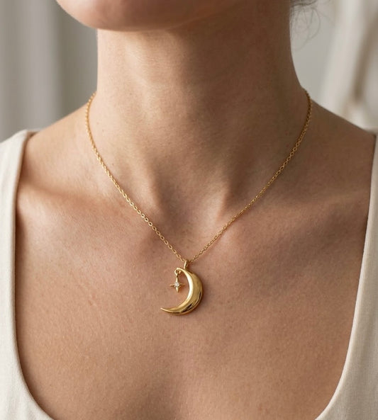Gold Crescent Moon & Star Pendant Necklace