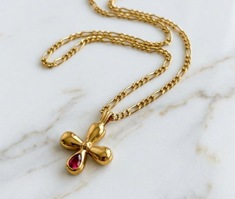 Gold Petal Cross Pendant Necklace with Red Crystal
