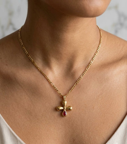 Gold Petal Cross Pendant Necklace with Red Crystal