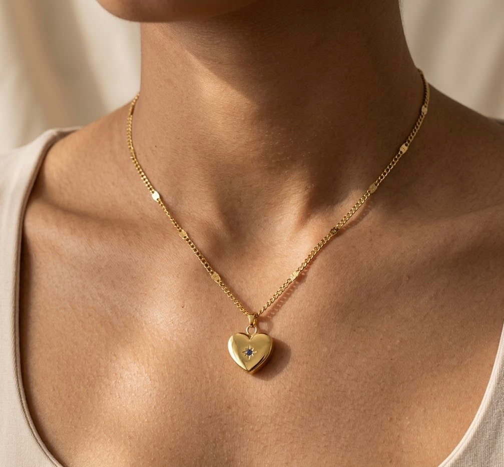 Gold Heart Pendant Necklace with Blue Crystal