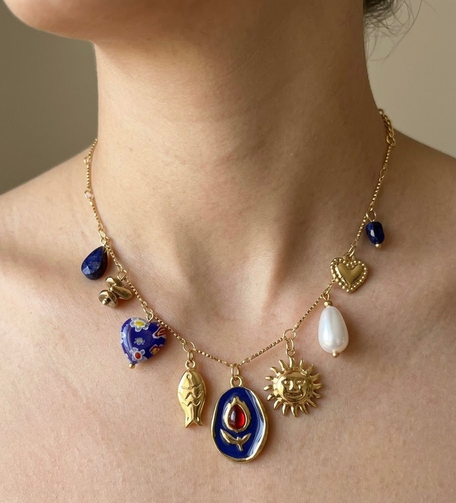 Gold Coastal Charm Necklace with Pearl & Blue Stone Accents