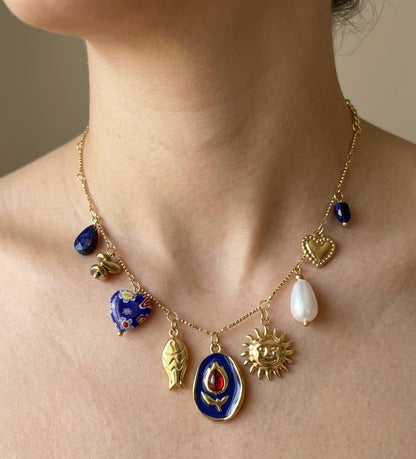 Gold Coastal Charm Necklace with Pearl & Blue Stone Accents