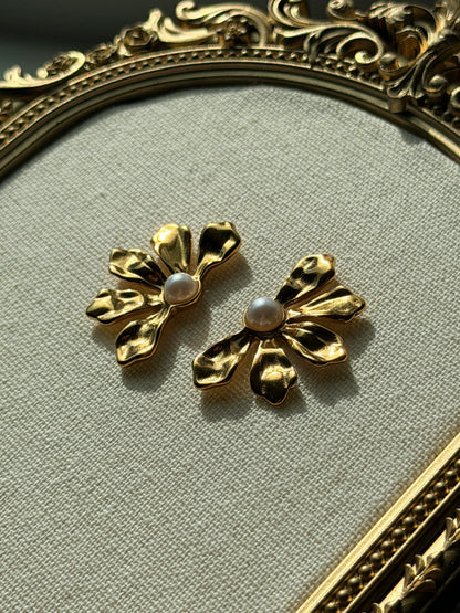 Sculpted Floral Pearl Stud Earrings