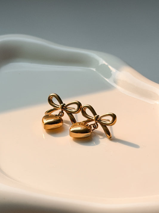 Gold Bow & Heart Drop Earrings