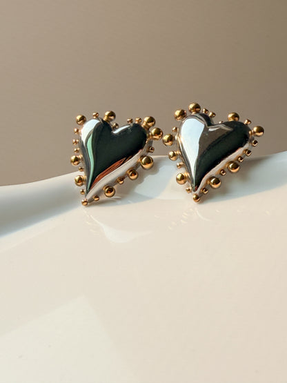 Two-Tone Heart Statement Stud Earrings