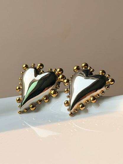 Two-Tone Heart Statement Stud Earrings