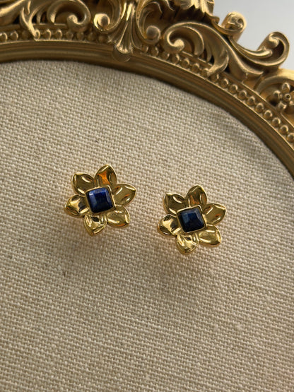Gold Floral Blue Stone Stud Earrings