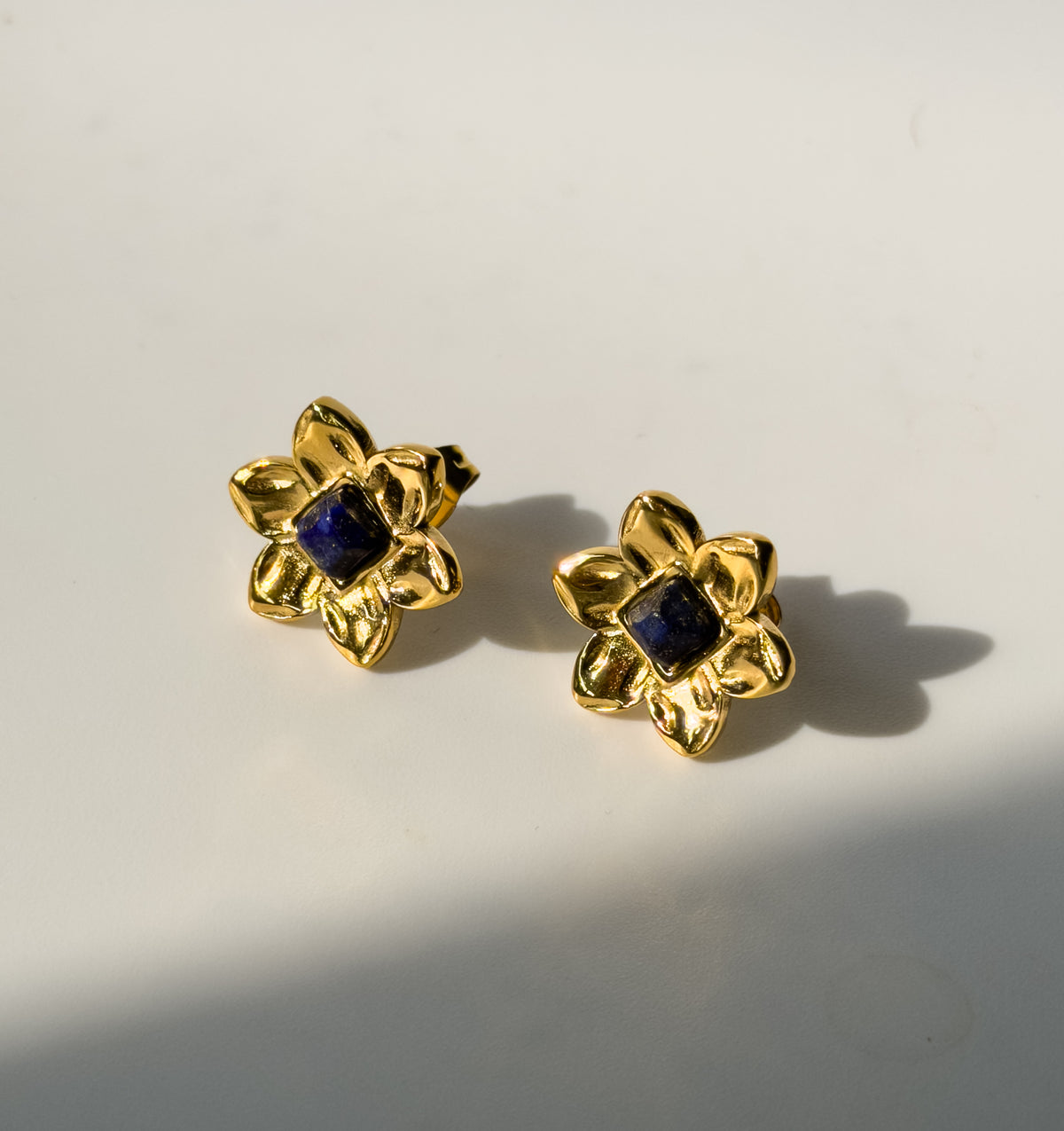 Gold Floral Blue Stone Stud Earrings