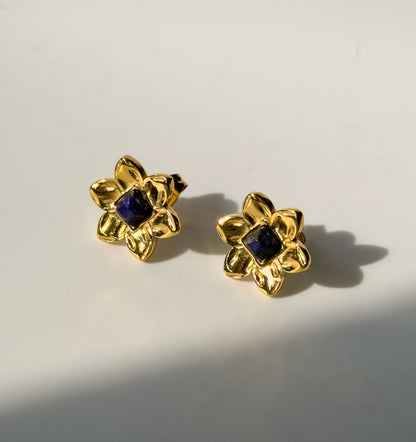 Gold Floral Blue Stone Stud Earrings