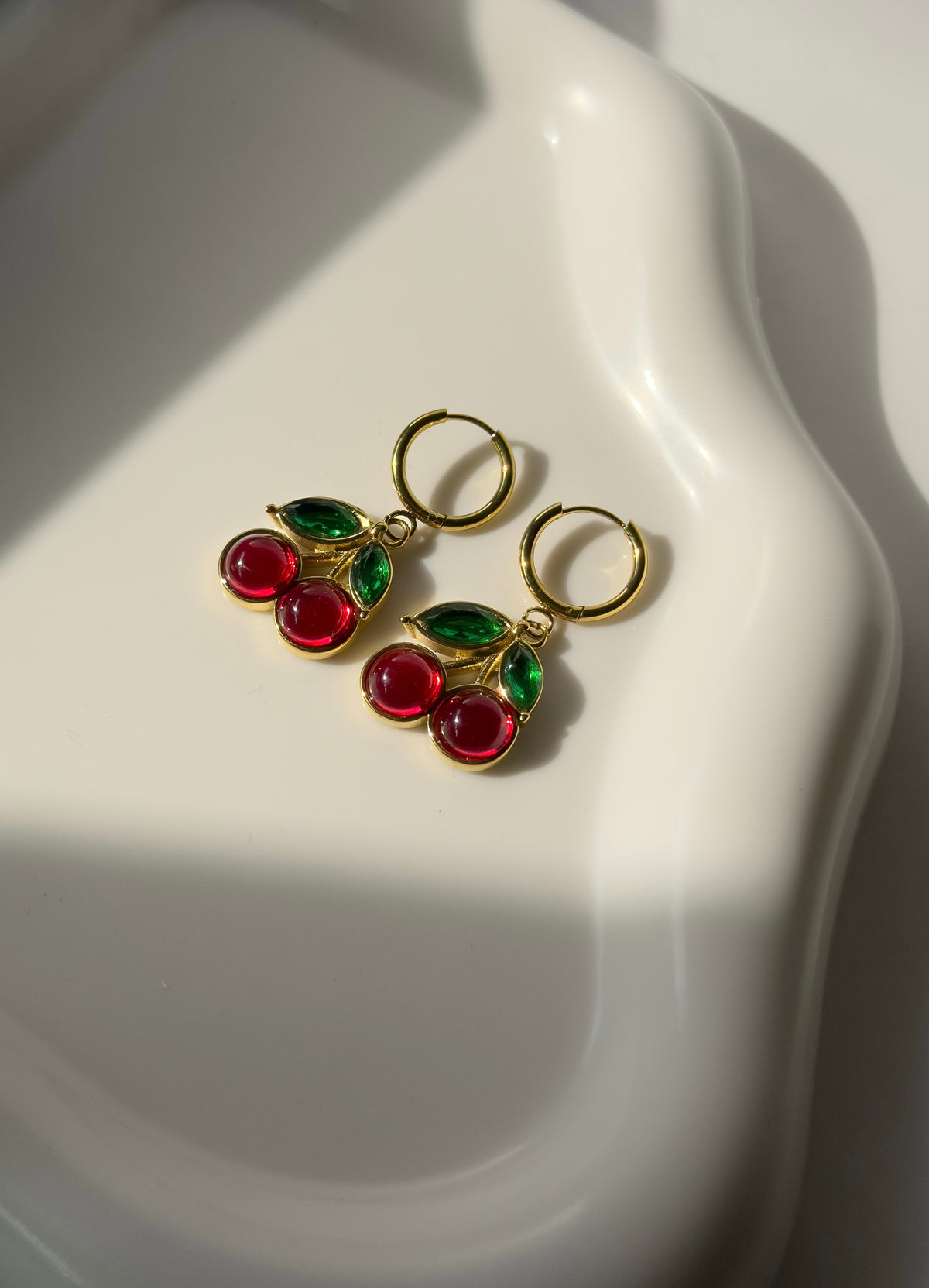 Gold Cherry Hoop Drop Earrings