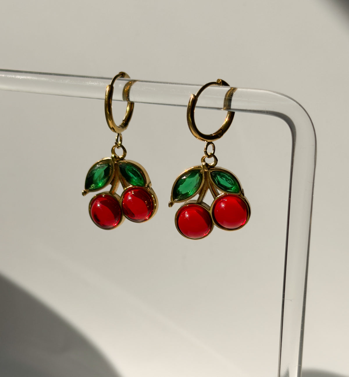 Gold Cherry Hoop Drop Earrings