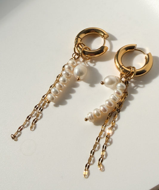 Gold Pearl Tassel Hoop Earrings