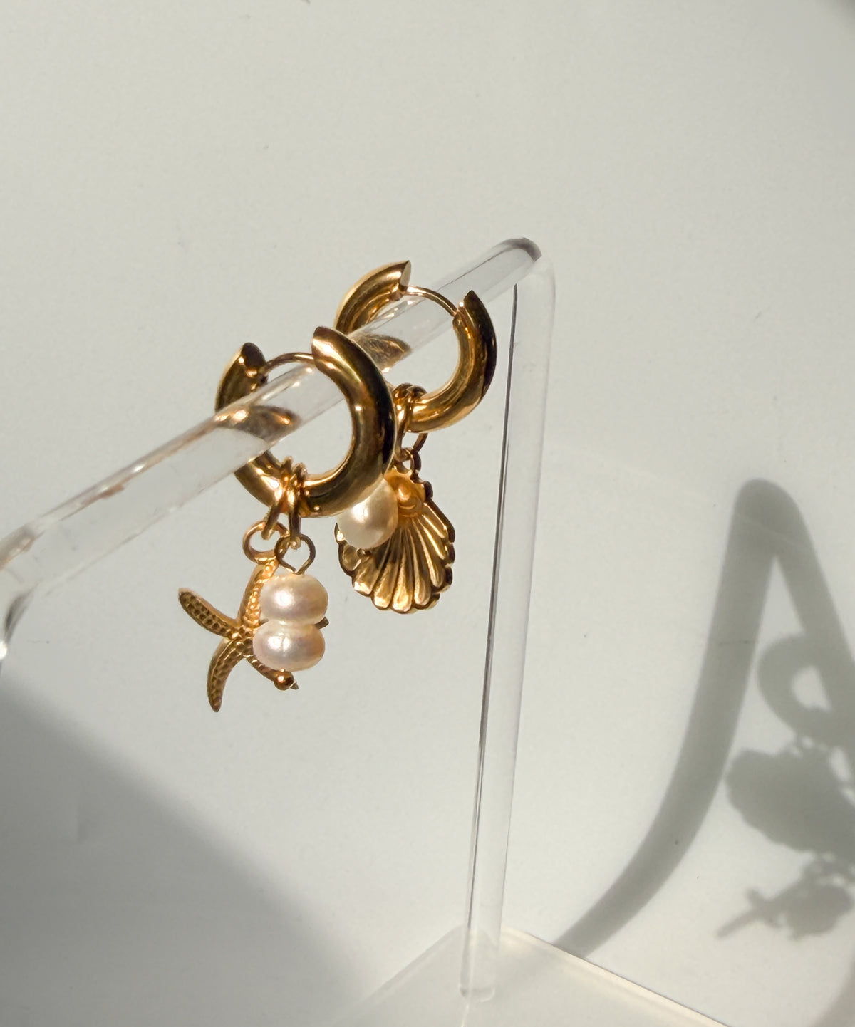 Gold Seashell & Starfish Pearl Hoop Earrings