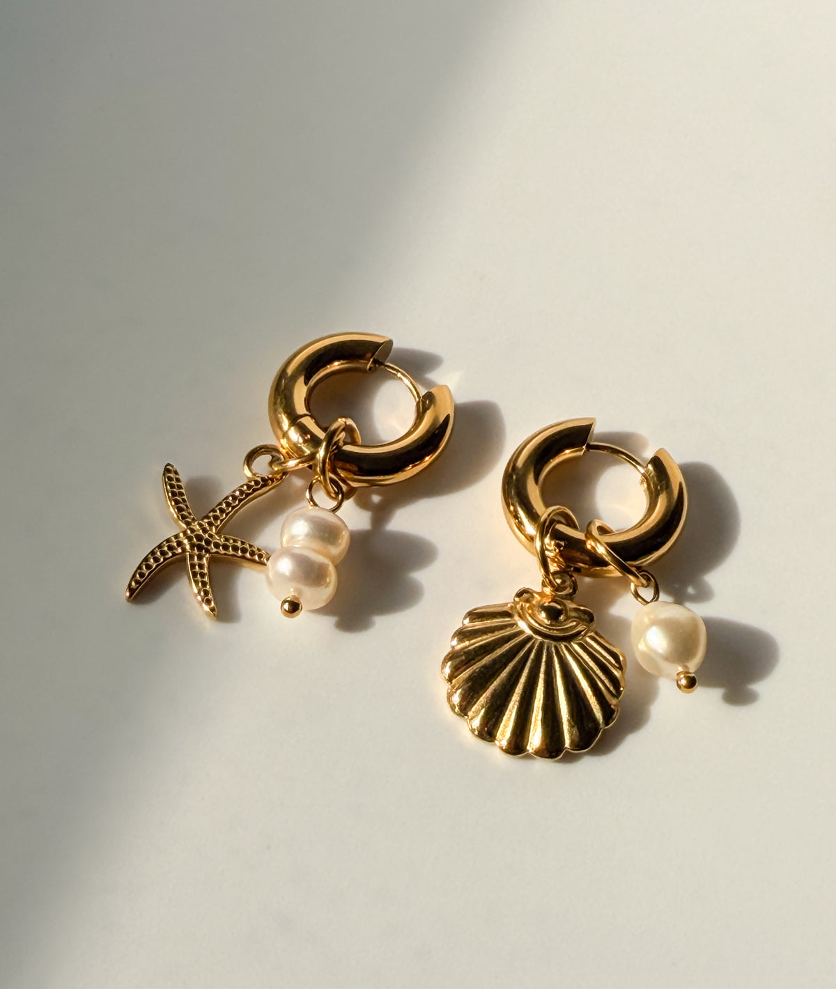 Gold Seashell & Starfish Pearl Hoop Earrings
