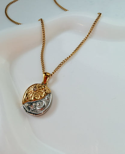 Two-Tone Celestial Sun & Moon Pendant Necklace
